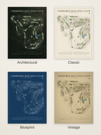 Cherokee Run Golf Club course map poster in four styles: Architectural, Classic, Blueprint and Vintage