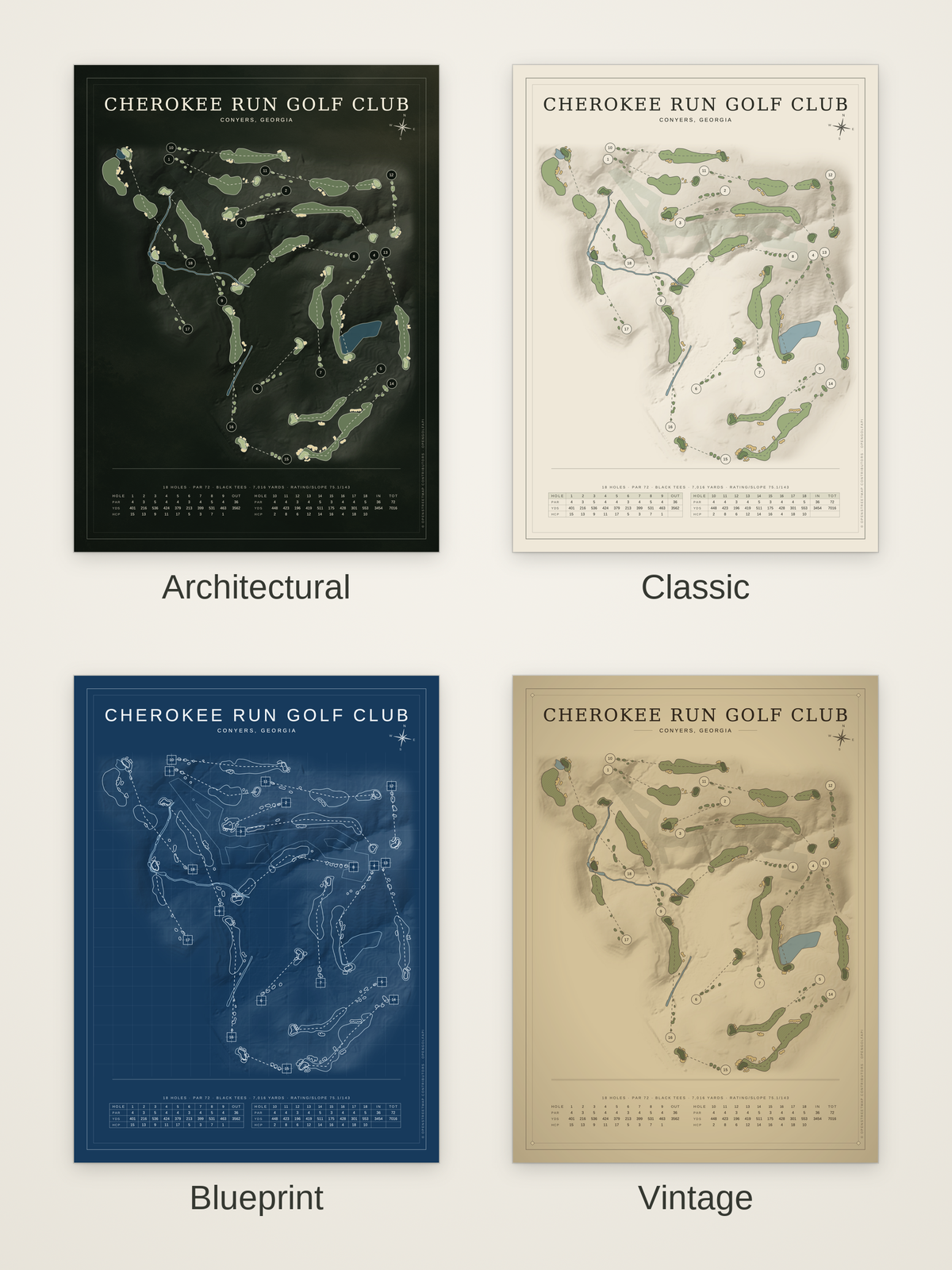 Cherokee Run Golf Club course map poster in four styles: Architectural, Classic, Blueprint and Vintage