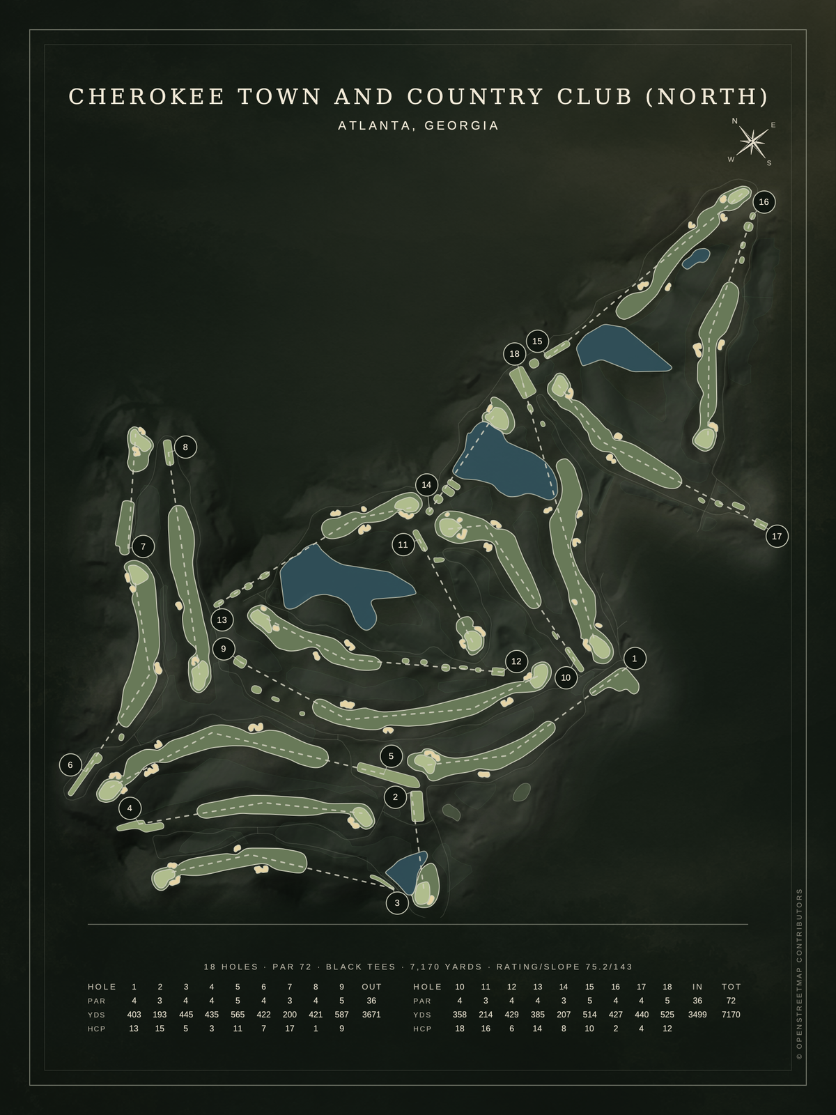 Cherokee Town and Country Club (North) course map poster, Architectural style, 12×16 / 18×24