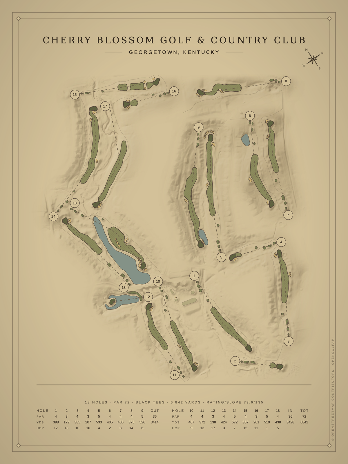 Cherry Blossom Golf & Country Club course map poster, Vintage style, 12×16 / 18×24
