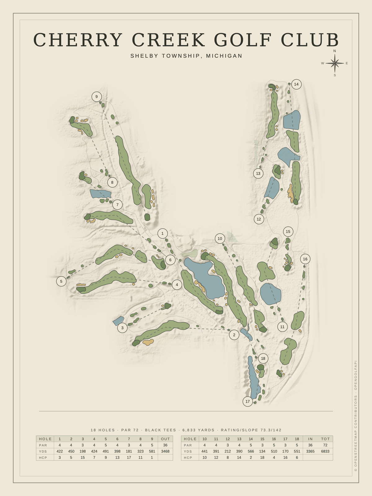 Cherry Creek Golf Club course map poster, Classic style, 12×16 / 18×24