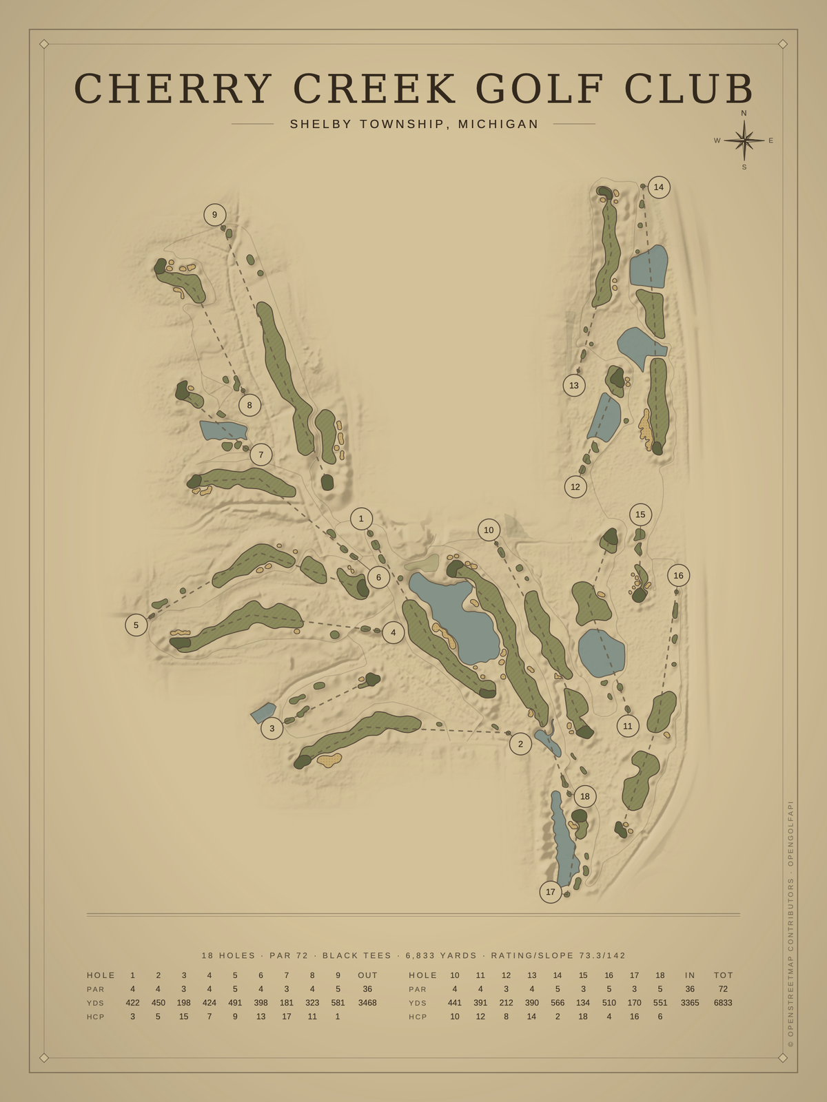 Cherry Creek Golf Club course map poster, Vintage style, 12×16 / 18×24