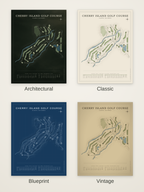 Cherry Island Golf Course map poster in four styles: Architectural, Classic, Blueprint and Vintage