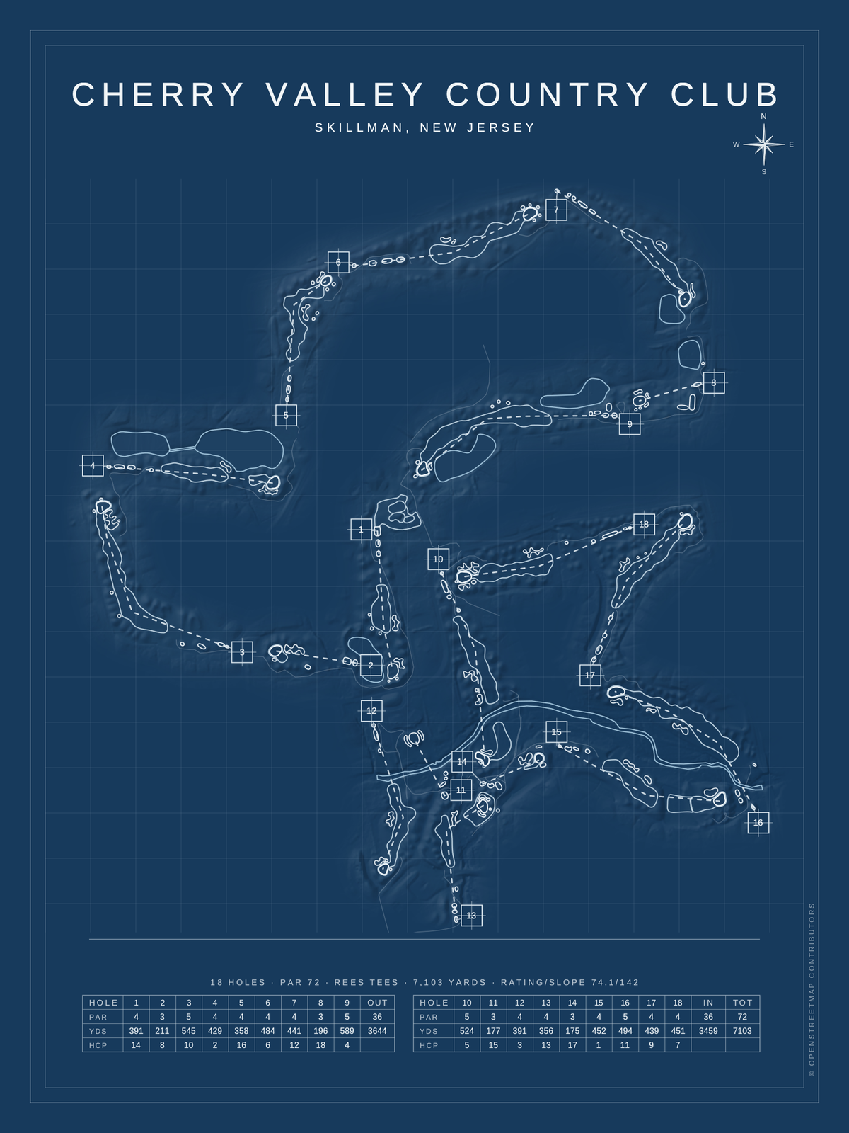 Cherry Valley Country Club course map poster, Blueprint style, 12×16 / 18×24