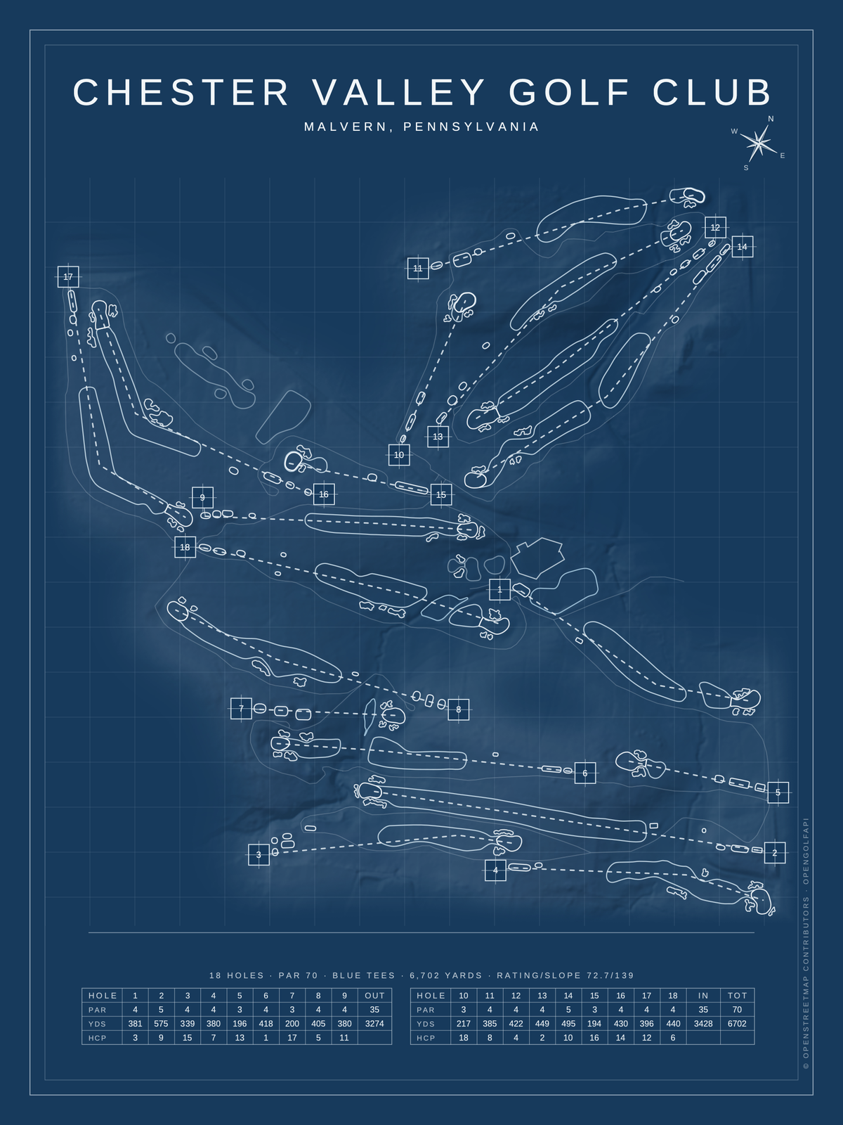 Chester Valley Golf Club course map poster, Blueprint style, 12×16 / 18×24