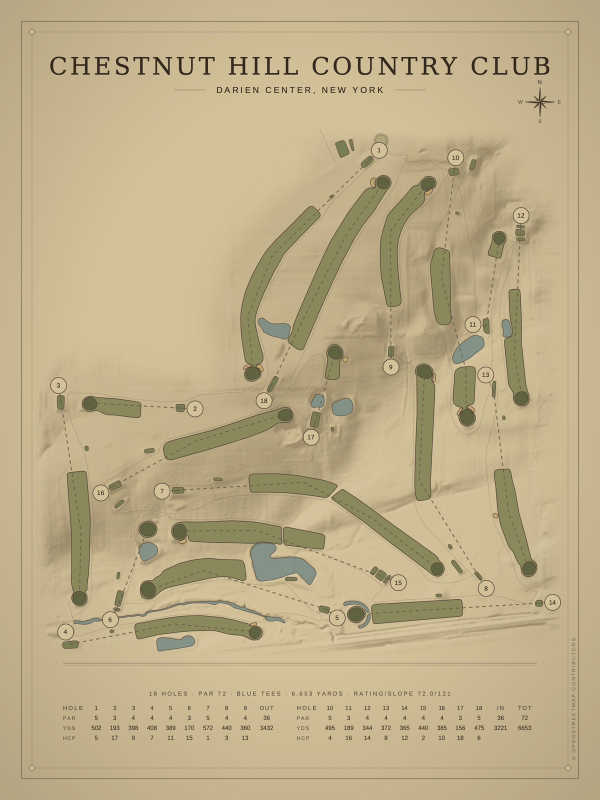 Chestnut Hill Country Club course map poster, Vintage style, 12×16 / 18×24