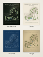 Chestnut Hill Country Club course map poster in four styles: Architectural, Classic, Blueprint and Vintage