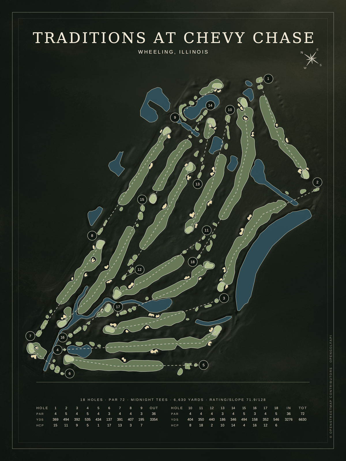Traditions at Chevy Chase course map poster, Architectural style, 12×16 / 18×24