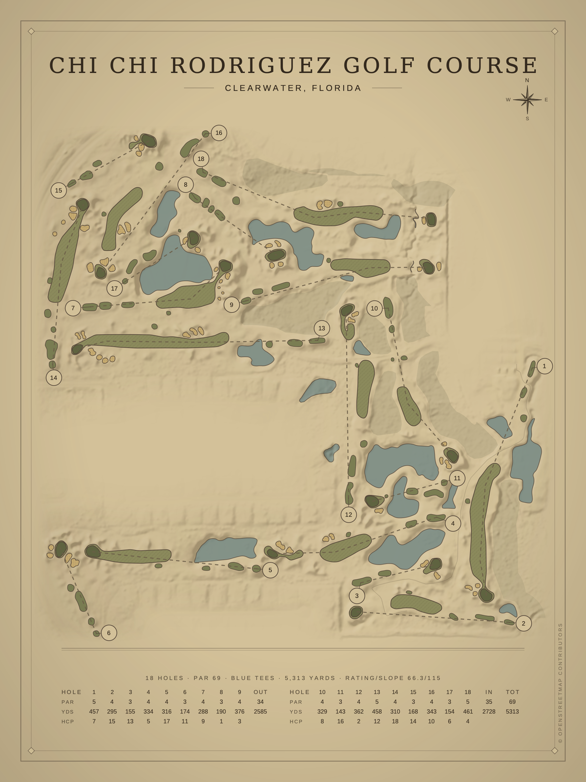 Chi Chi Rodriguez Golf Course map poster, Vintage style, 12×16 / 18×24