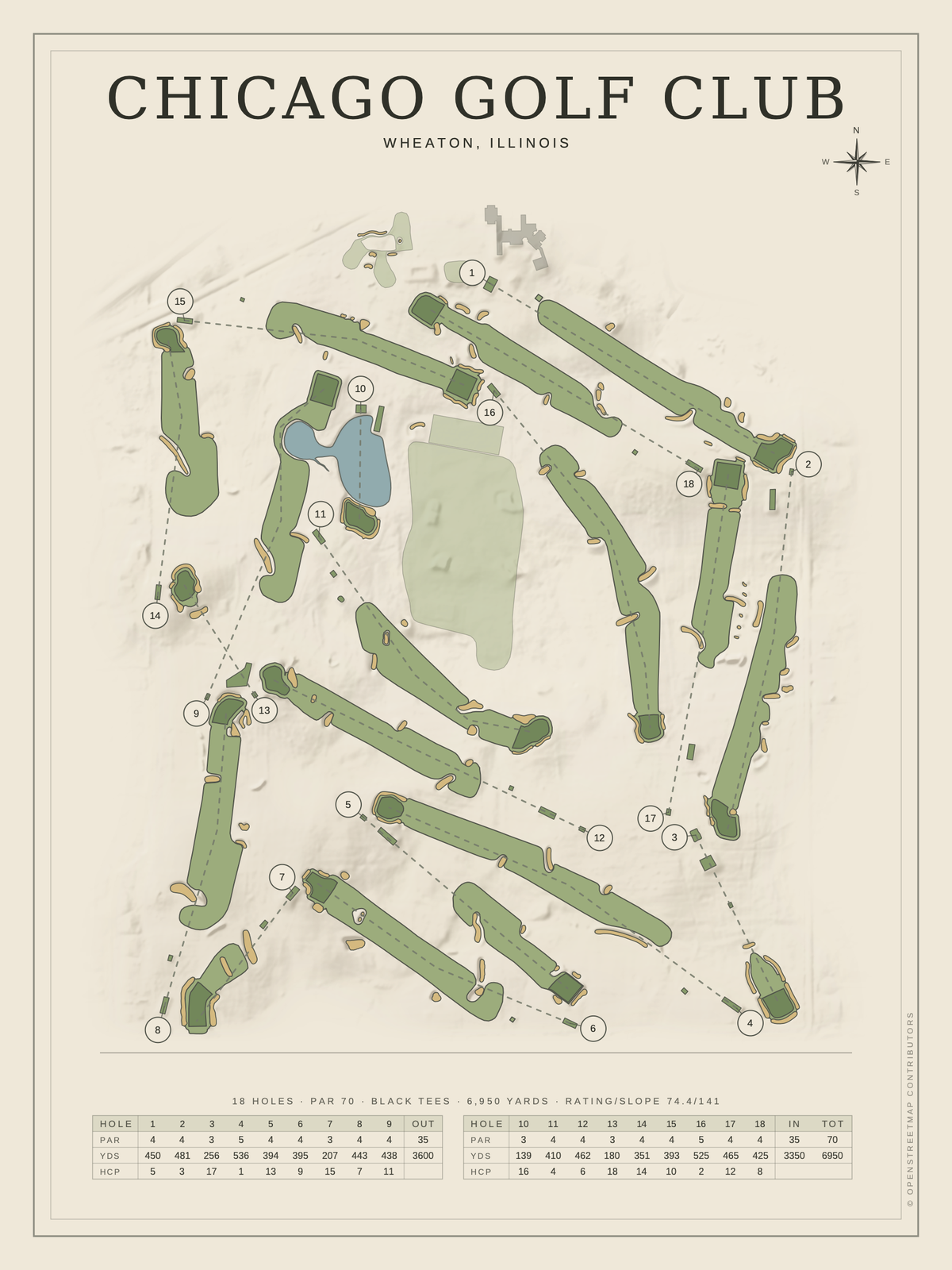 Chicago Golf Club course map poster, Classic style, 12×16 / 18×24