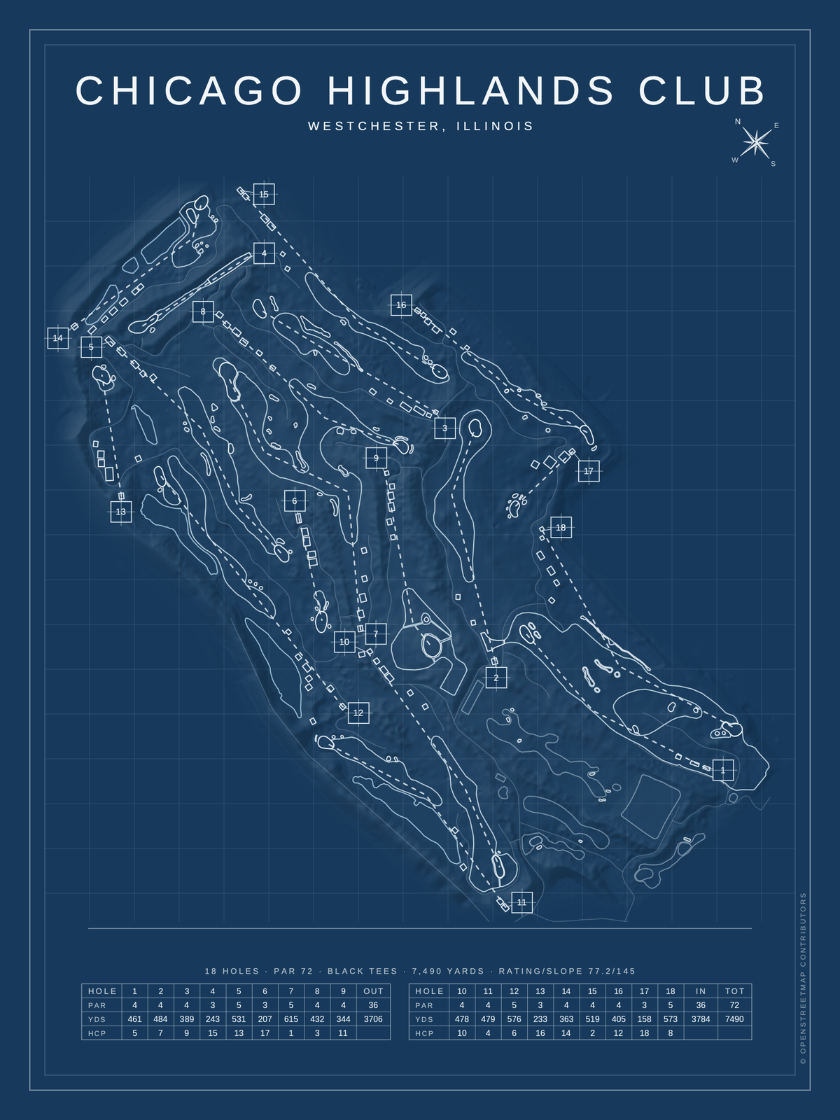 Chicago Highlands Club course map poster, Blueprint style, 12×16 / 18×24