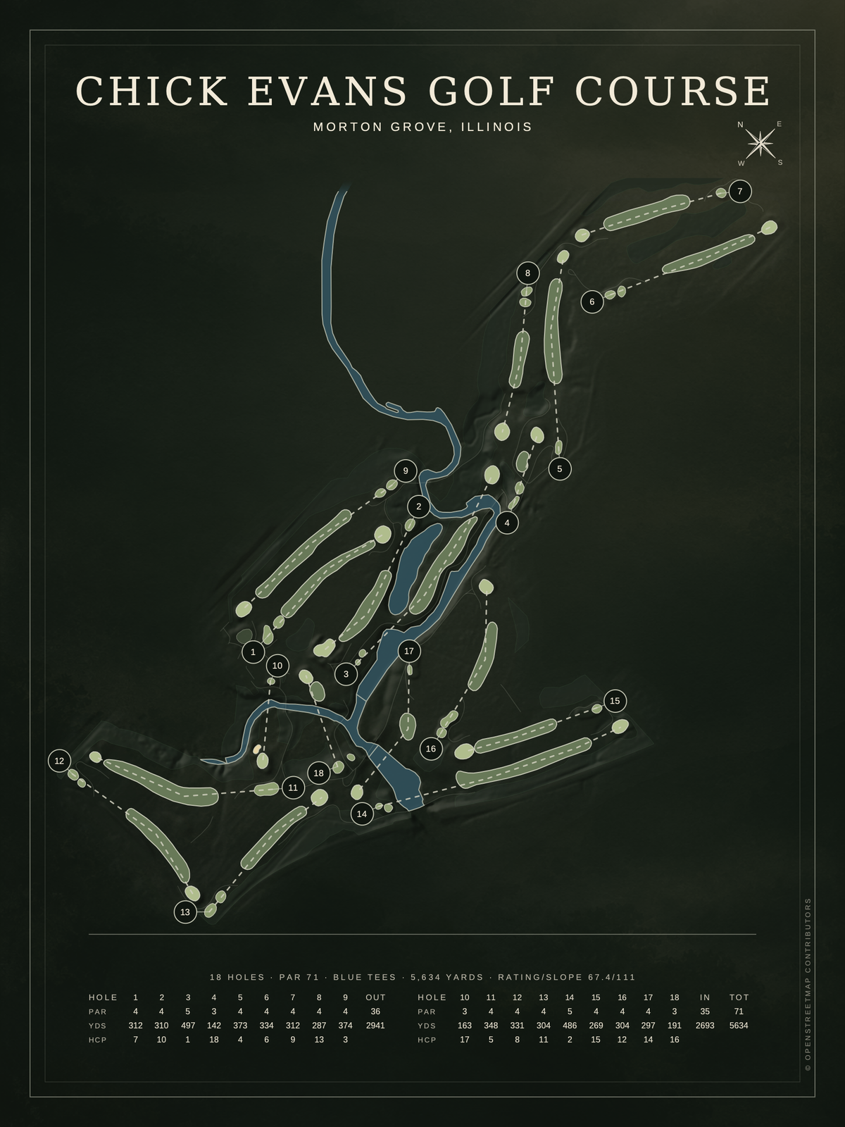 Chick Evans Golf Course map poster, Architectural style, 12×16 / 18×24
