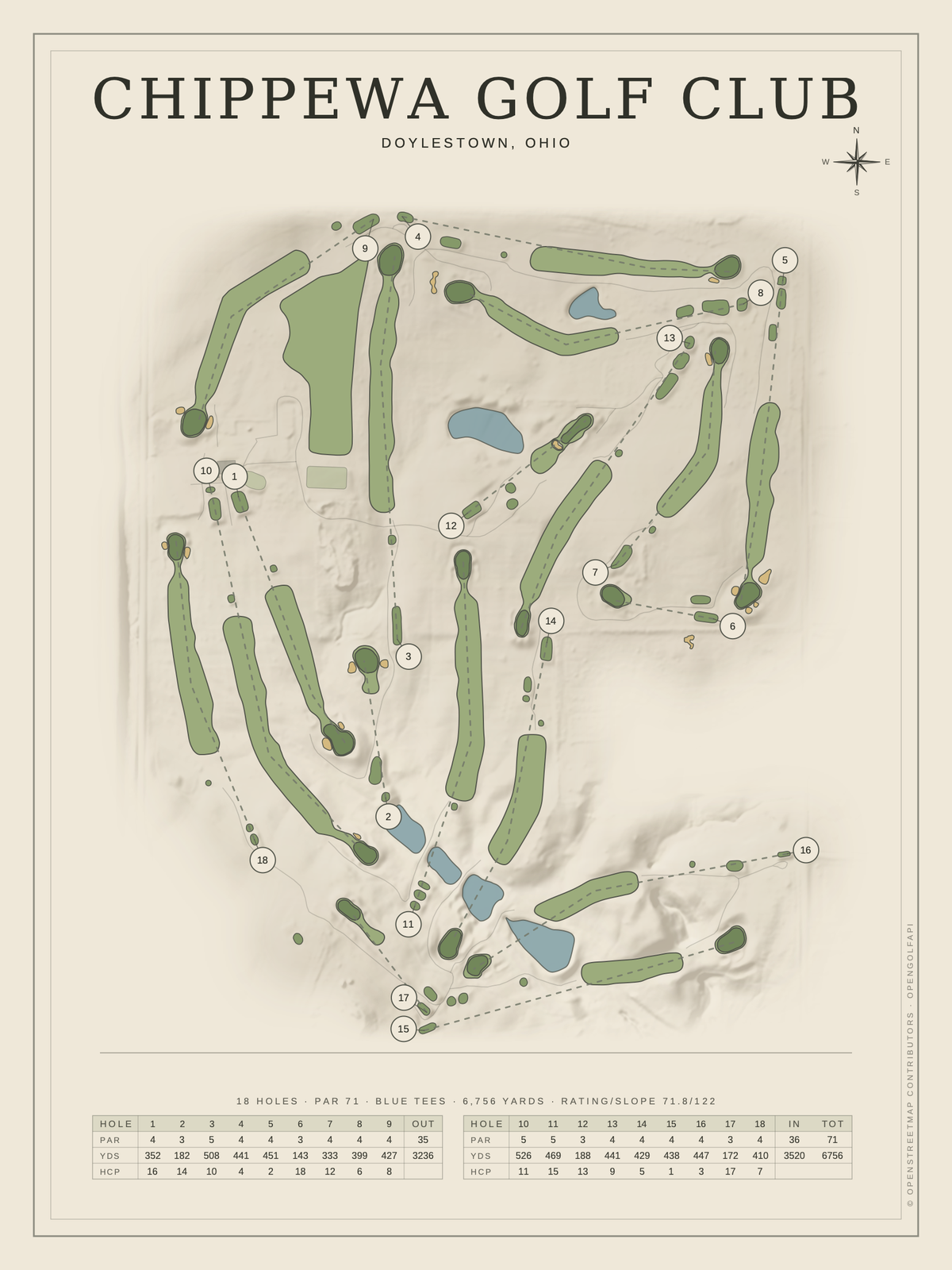 Chippewa Golf Club course map poster, Classic style, 12×16 / 18×24