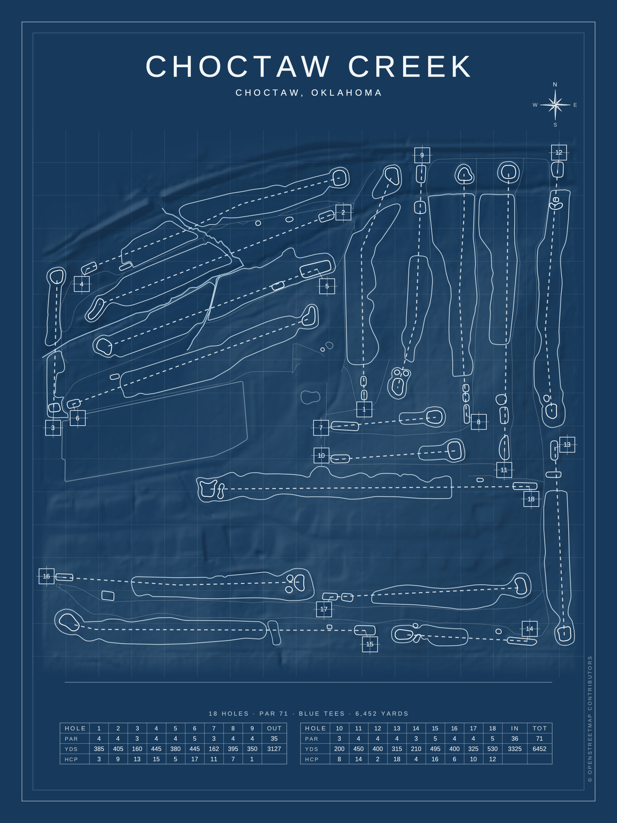 Choctaw Creek course map poster, Blueprint style, 12×16 / 18×24