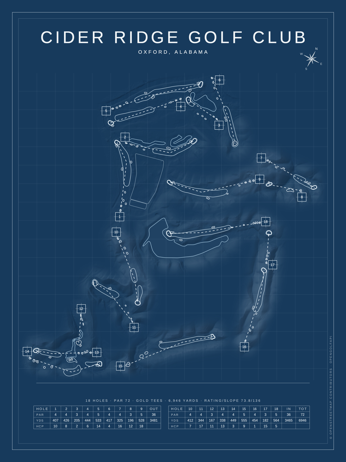 Cider Ridge Golf Club course map poster, Blueprint style, 12×16 / 18×24