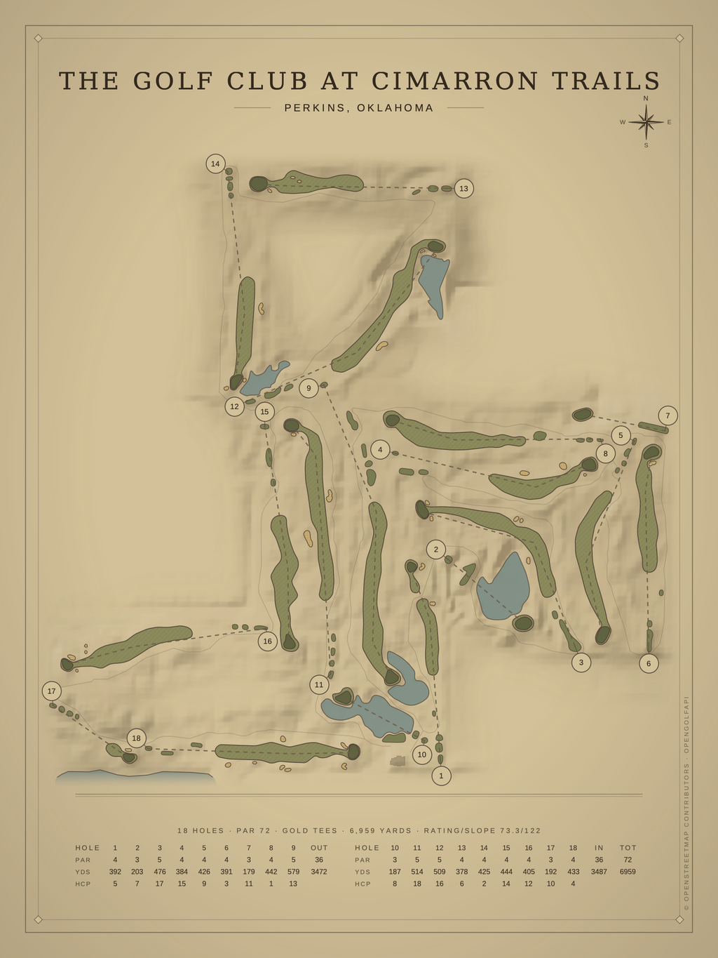 The Golf Club At Cimarron Trails course map poster, Vintage style, 12×16 / 18×24