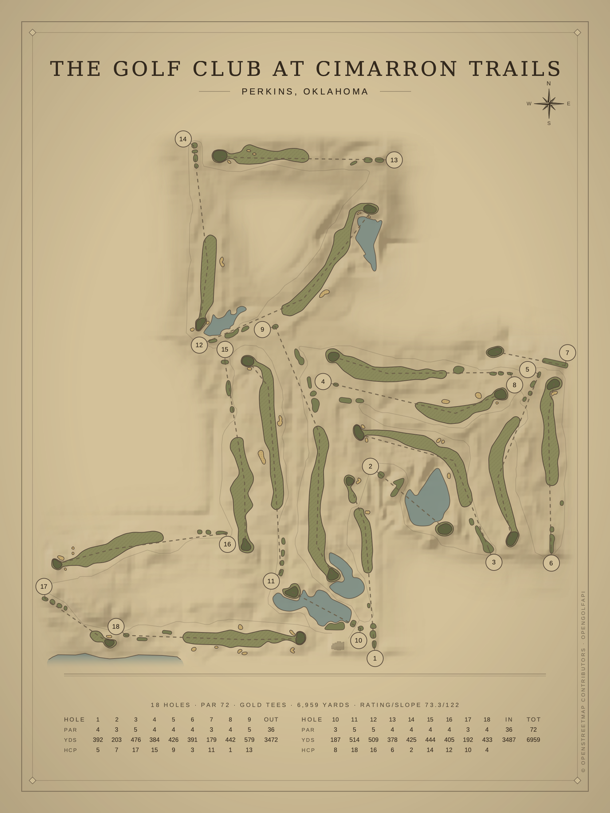 The Golf Club At Cimarron Trails course map poster, Vintage style, 12×16 / 18×24