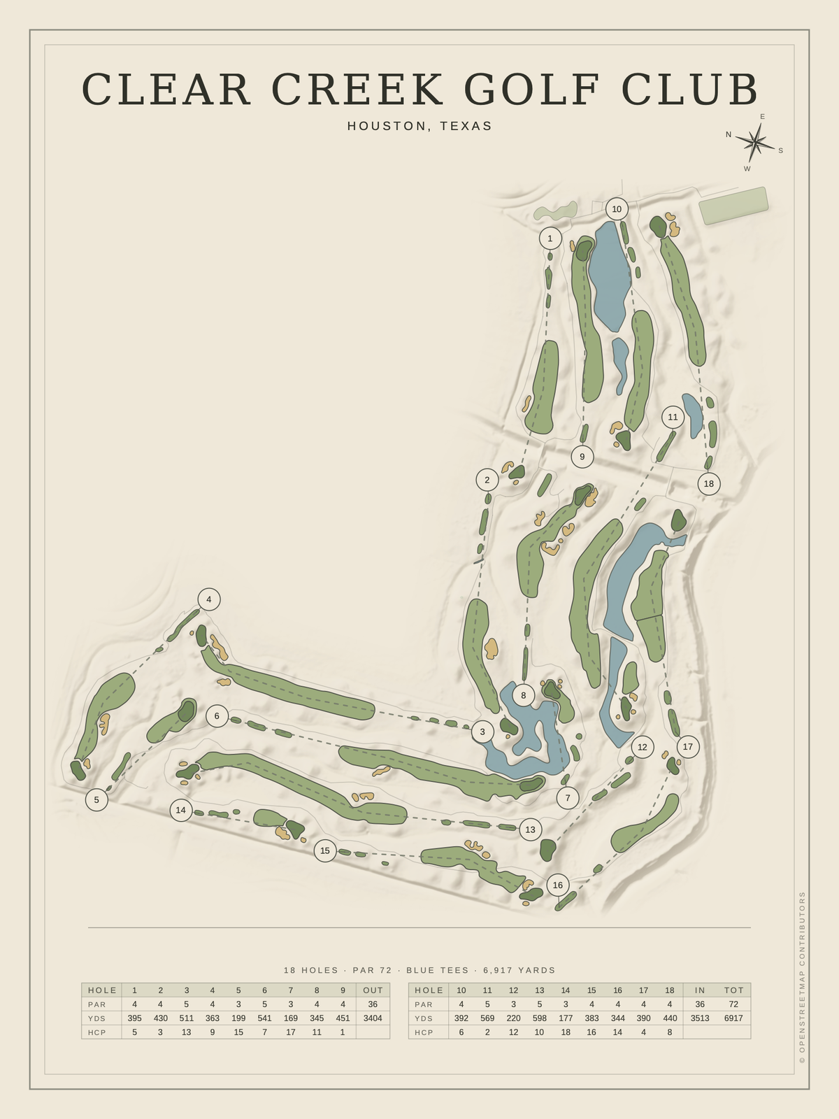 Clear Creek Golf Club course map poster, Classic style, 12×16 / 18×24