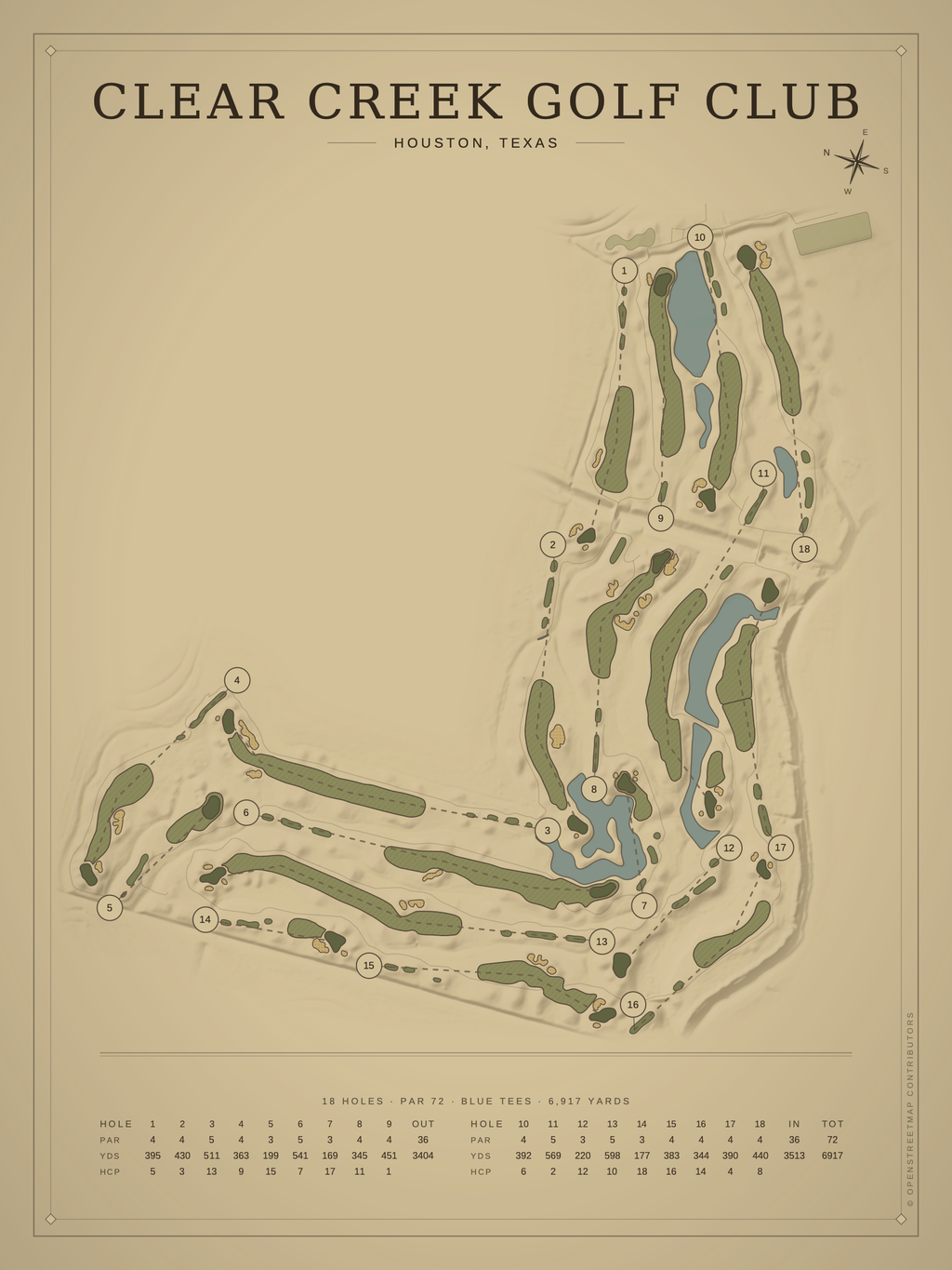 Clear Creek Golf Club course map poster, Vintage style, 12×16 / 18×24