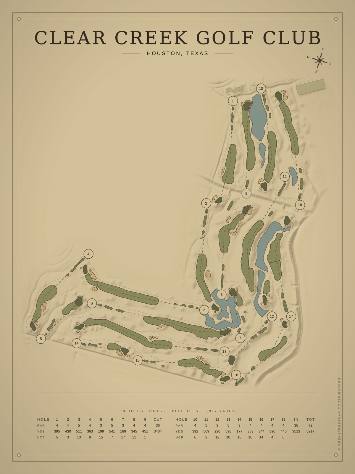 Clear Creek Golf Club course map poster, Vintage style, 12×16 / 18×24