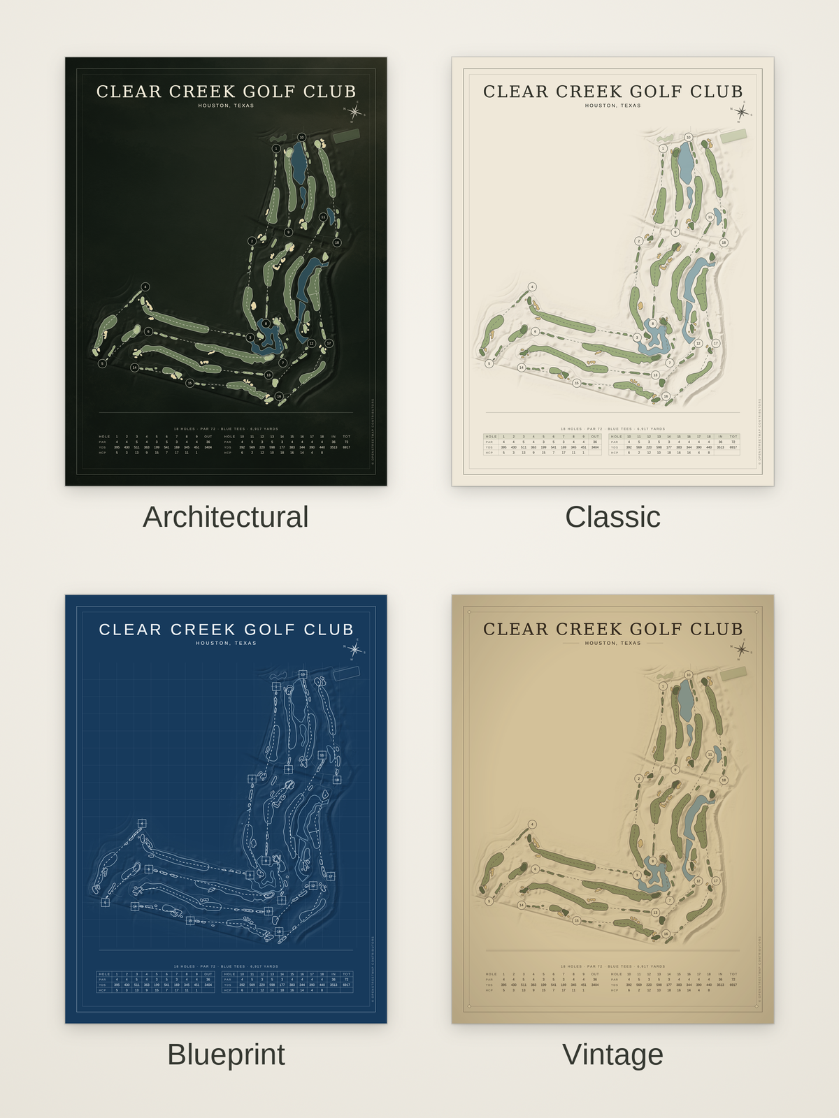 Clear Creek Golf Club course map poster in four styles: Architectural, Classic, Blueprint and Vintage