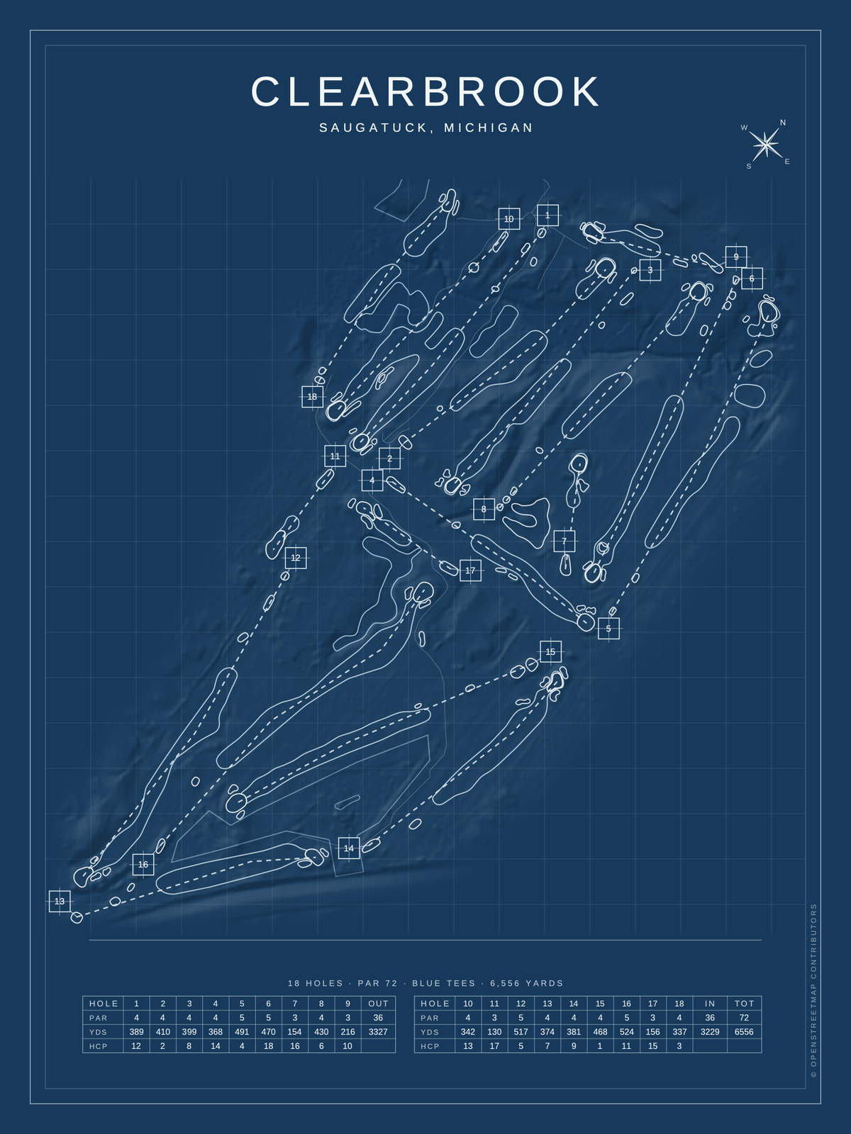 Clearbrook course map poster, Blueprint style, 12×16 / 18×24