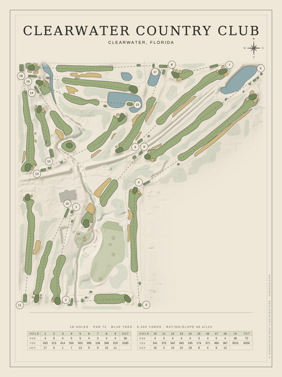 Clearwater Country Club course map poster, Classic style, 12×16 / 18×24