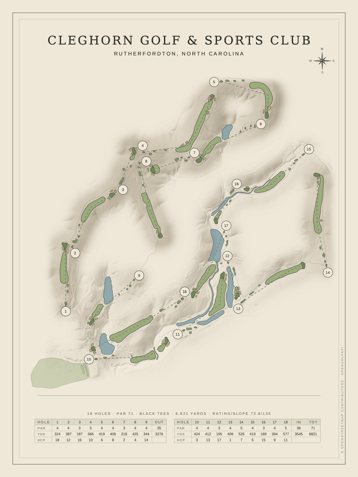 Cleghorn Golf & Sports Club course map poster, Classic style, 12×16 / 18×24