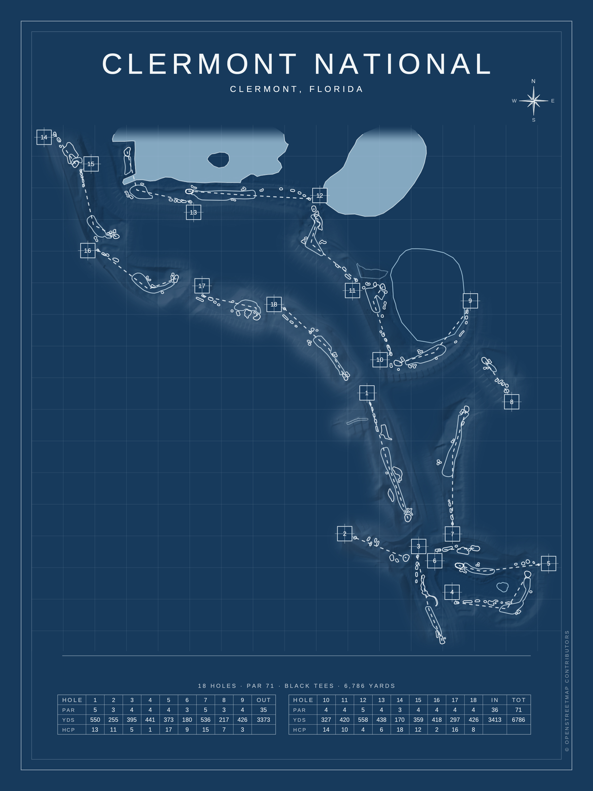Clermont National course map poster, Blueprint style, 12×16 / 18×24