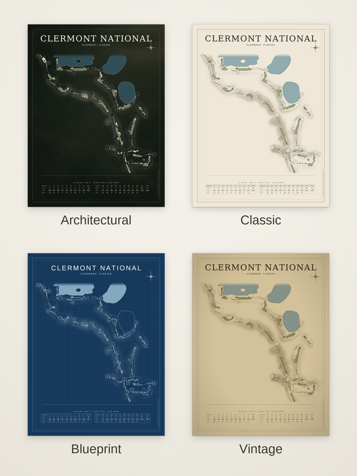 Clermont National course map poster in four styles: Architectural, Classic, Blueprint and Vintage