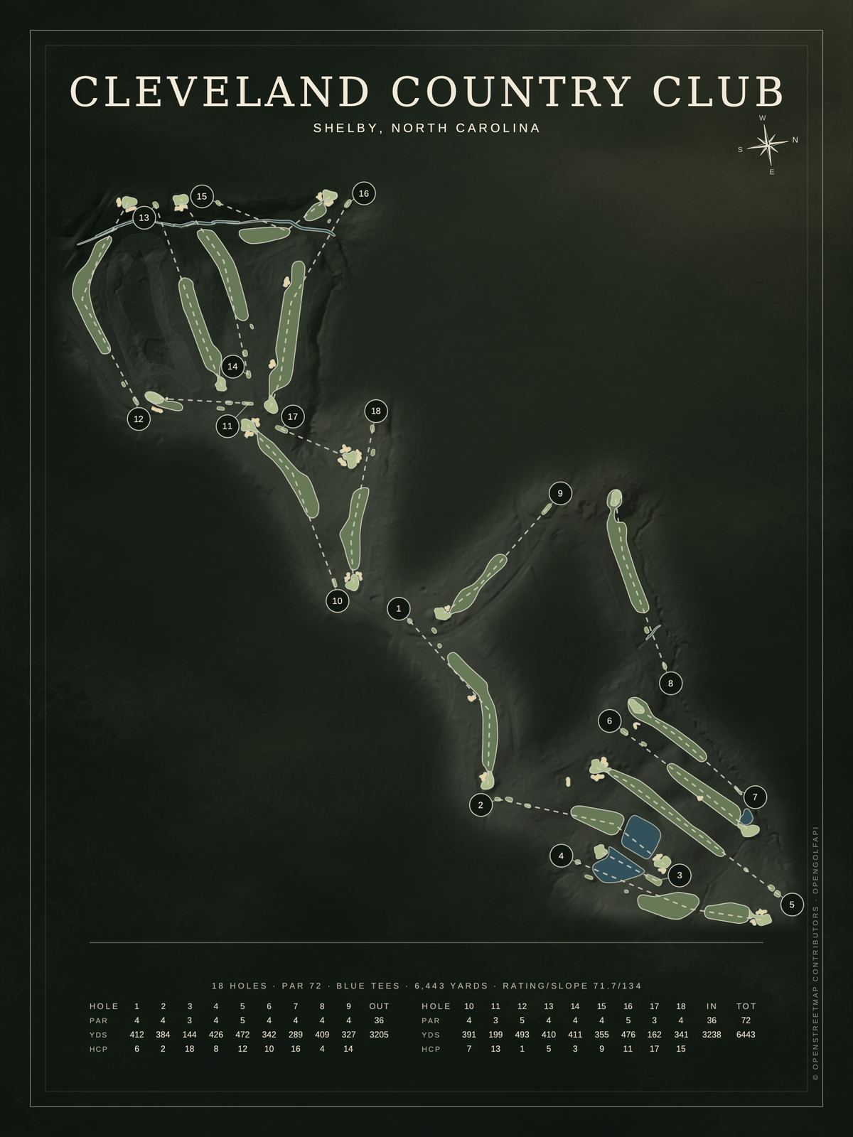 Cleveland Country Club course map poster, Architectural style, 12×16 / 18×24