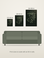Clifton Park Golf Course map poster in the Architectural style at 12×16, 18×24 and 24×36 inches, shown to scale on a wall above an 84-inch sofa