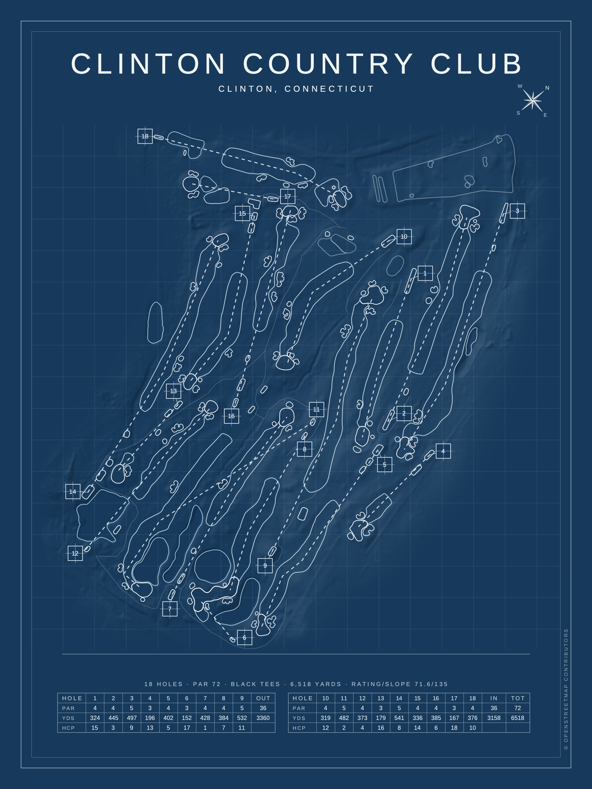 Clinton Country Club course map poster, Blueprint style, 12×16 / 18×24