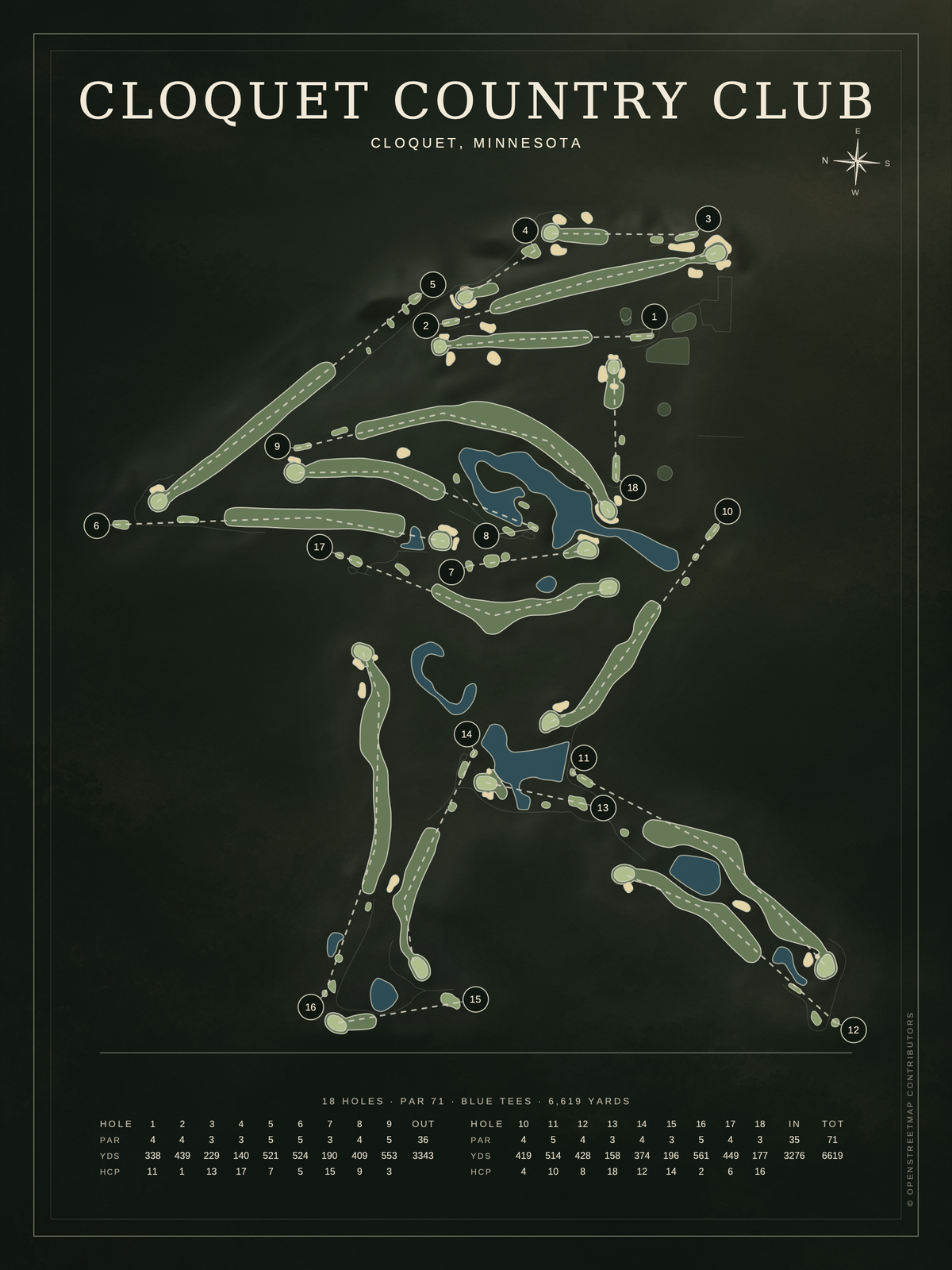 Cloquet Country Club course map poster, Architectural style, 12×16 / 18×24