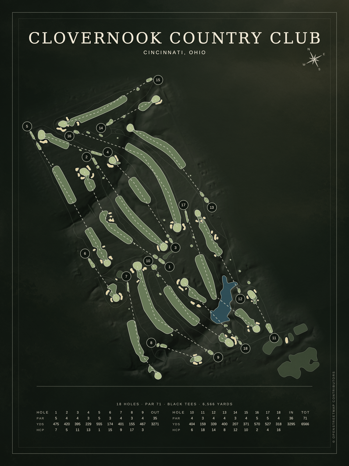 Clovernook Country Club course map poster, Architectural style, 12×16 / 18×24