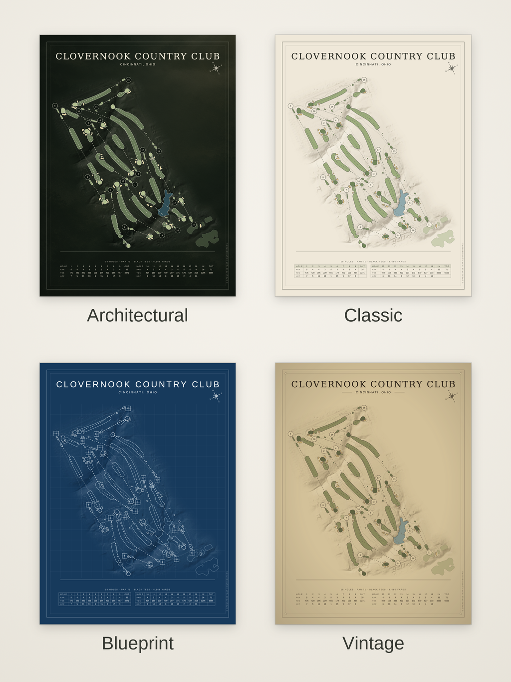 Clovernook Country Club course map poster in four styles: Architectural, Classic, Blueprint and Vintage