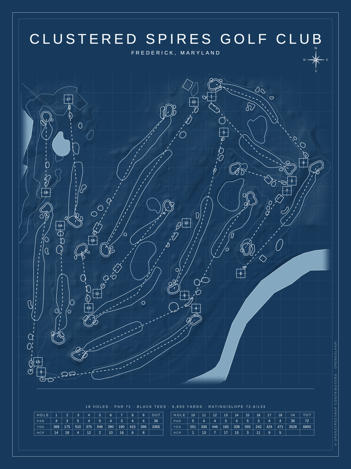 Clustered Spires Golf Club course map poster, Blueprint style, 12×16 / 18×24