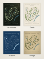 Clustered Spires Golf Club course map poster in four styles: Architectural, Classic, Blueprint and Vintage