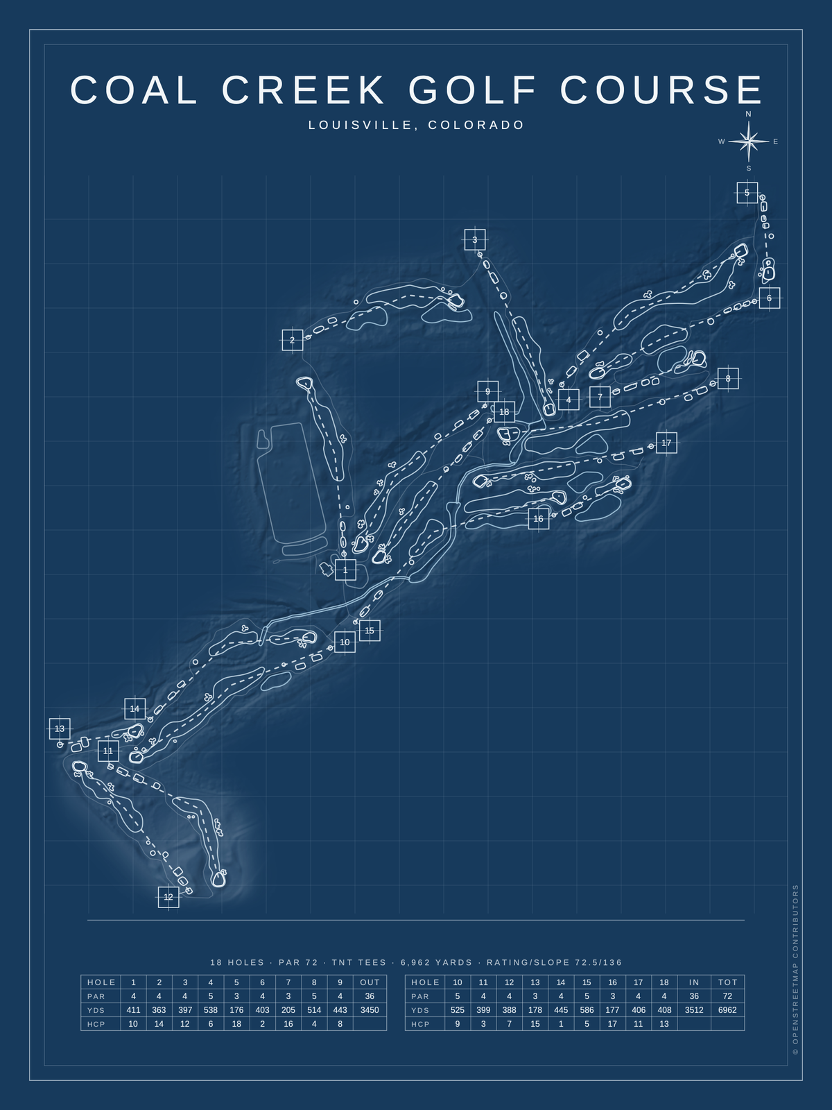 Coal Creek Golf Course map poster, Blueprint style, 12×16 / 18×24