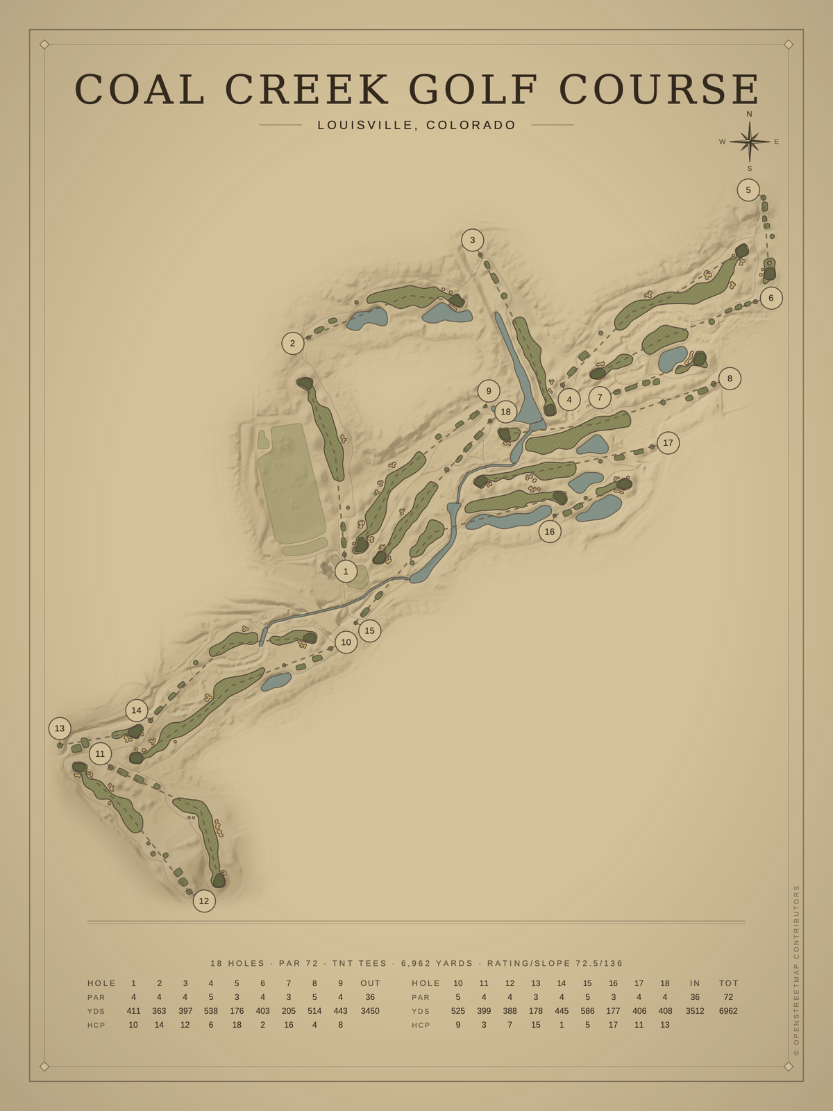 Coal Creek Golf Course map poster, Vintage style, 12×16 / 18×24