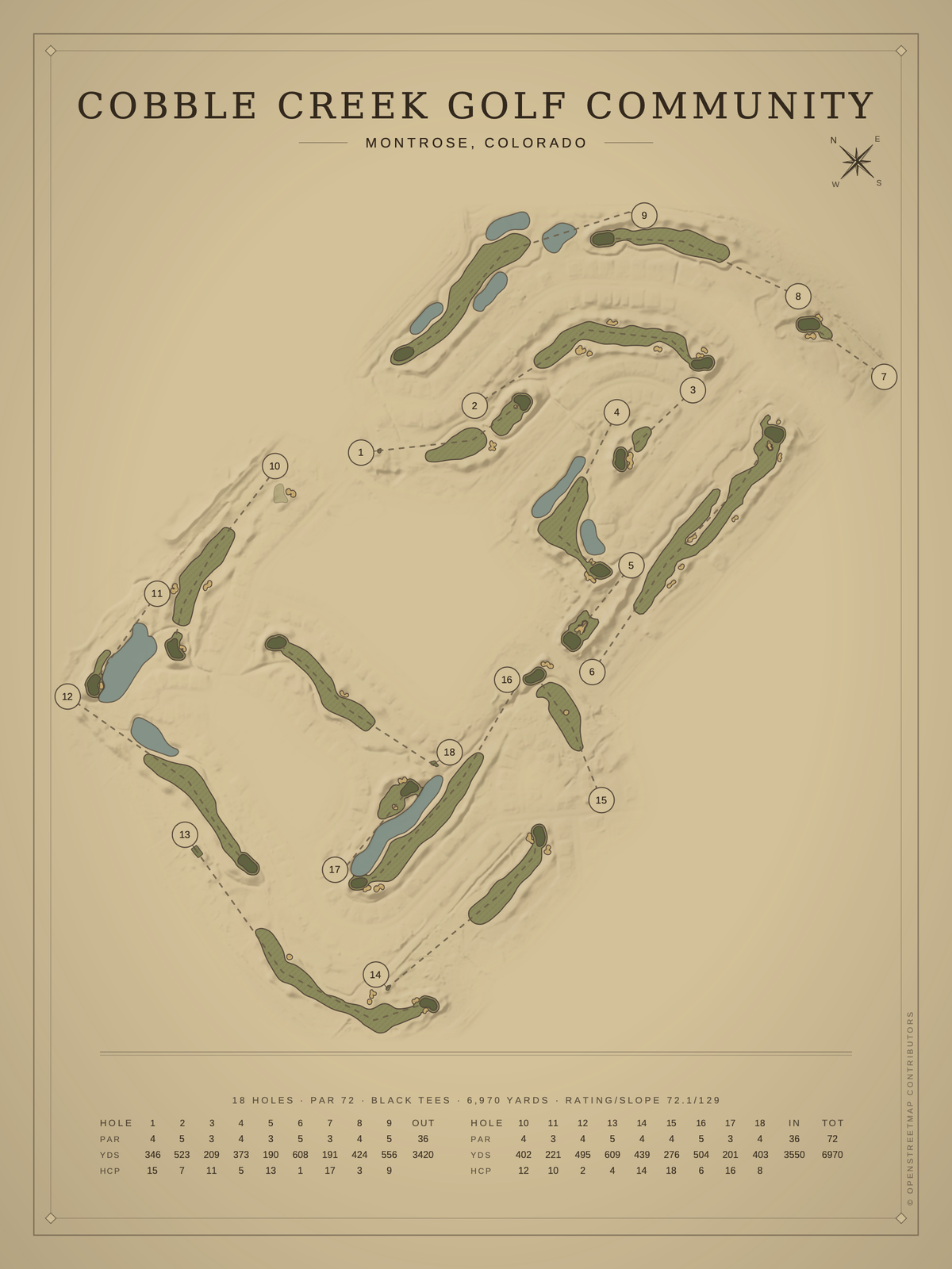 Cobble Creek Golf Community course map poster, Vintage style, 12×16 / 18×24