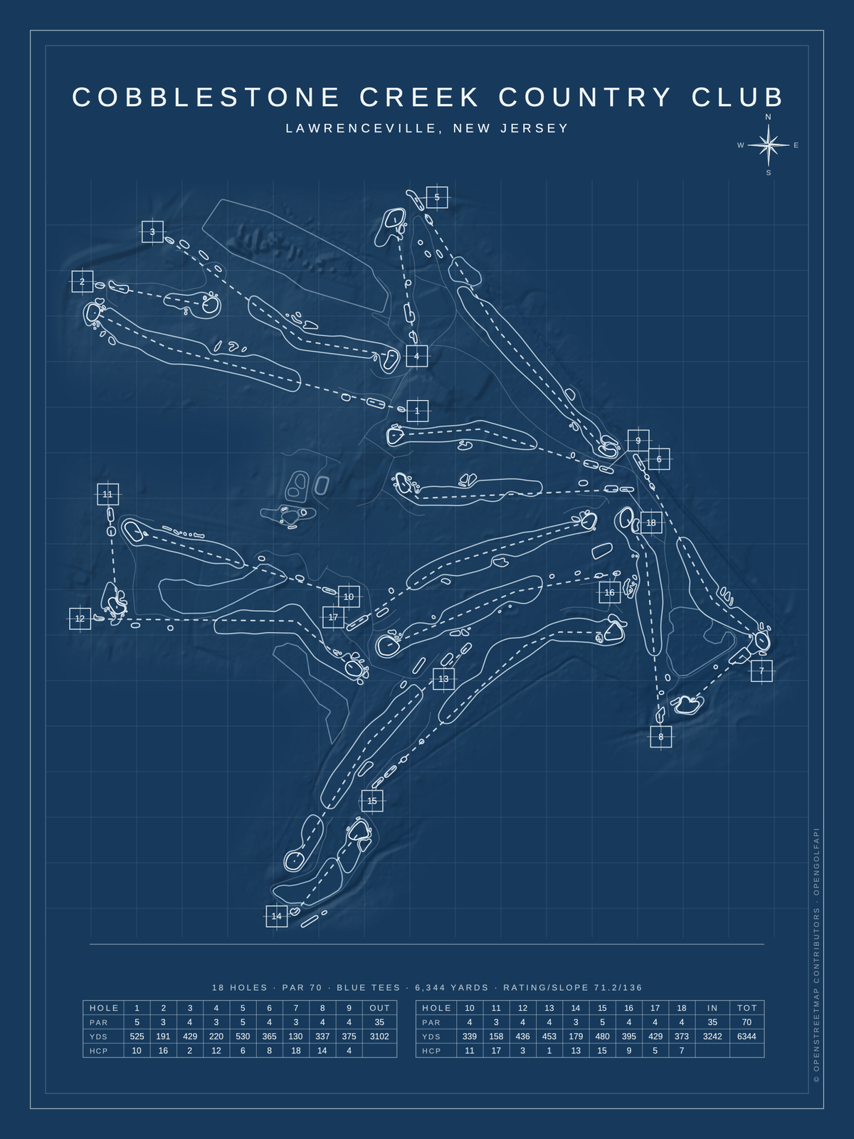 Cobblestone Creek Country Club course map poster, Blueprint style, 12×16 / 18×24