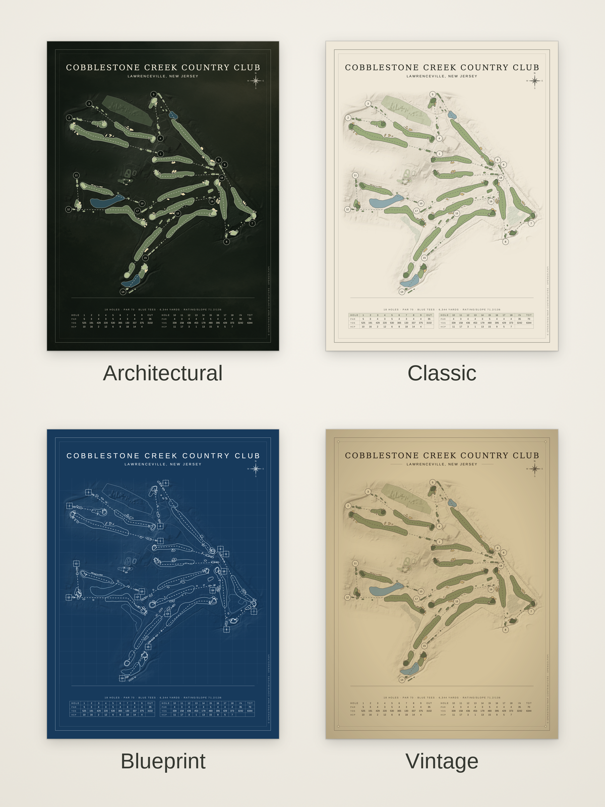 Cobblestone Creek Country Club course map poster in four styles: Architectural, Classic, Blueprint and Vintage