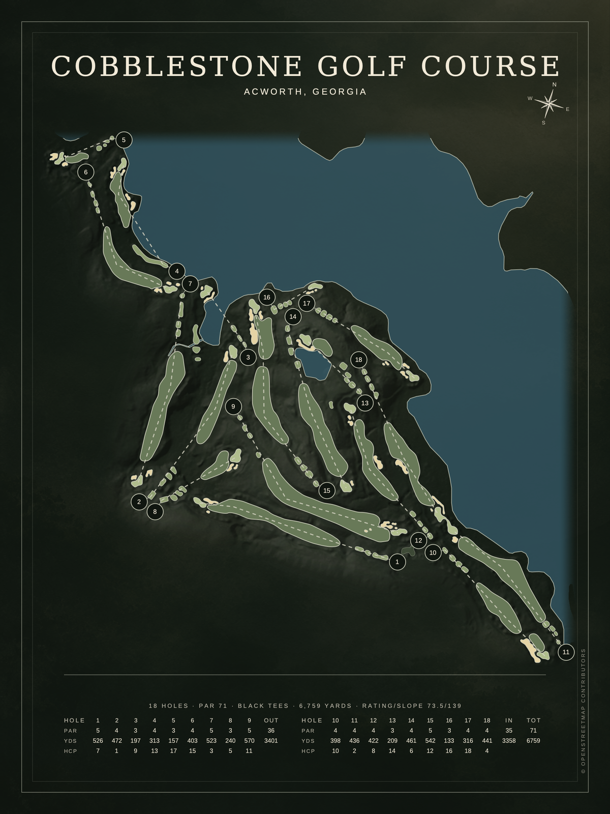 Cobblestone Golf Course map poster, Architectural style, 12×16 / 18×24