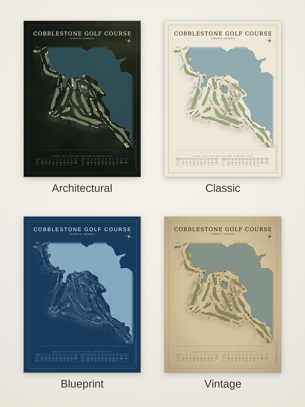 Cobblestone Golf Course map poster in four styles: Architectural, Classic, Blueprint and Vintage