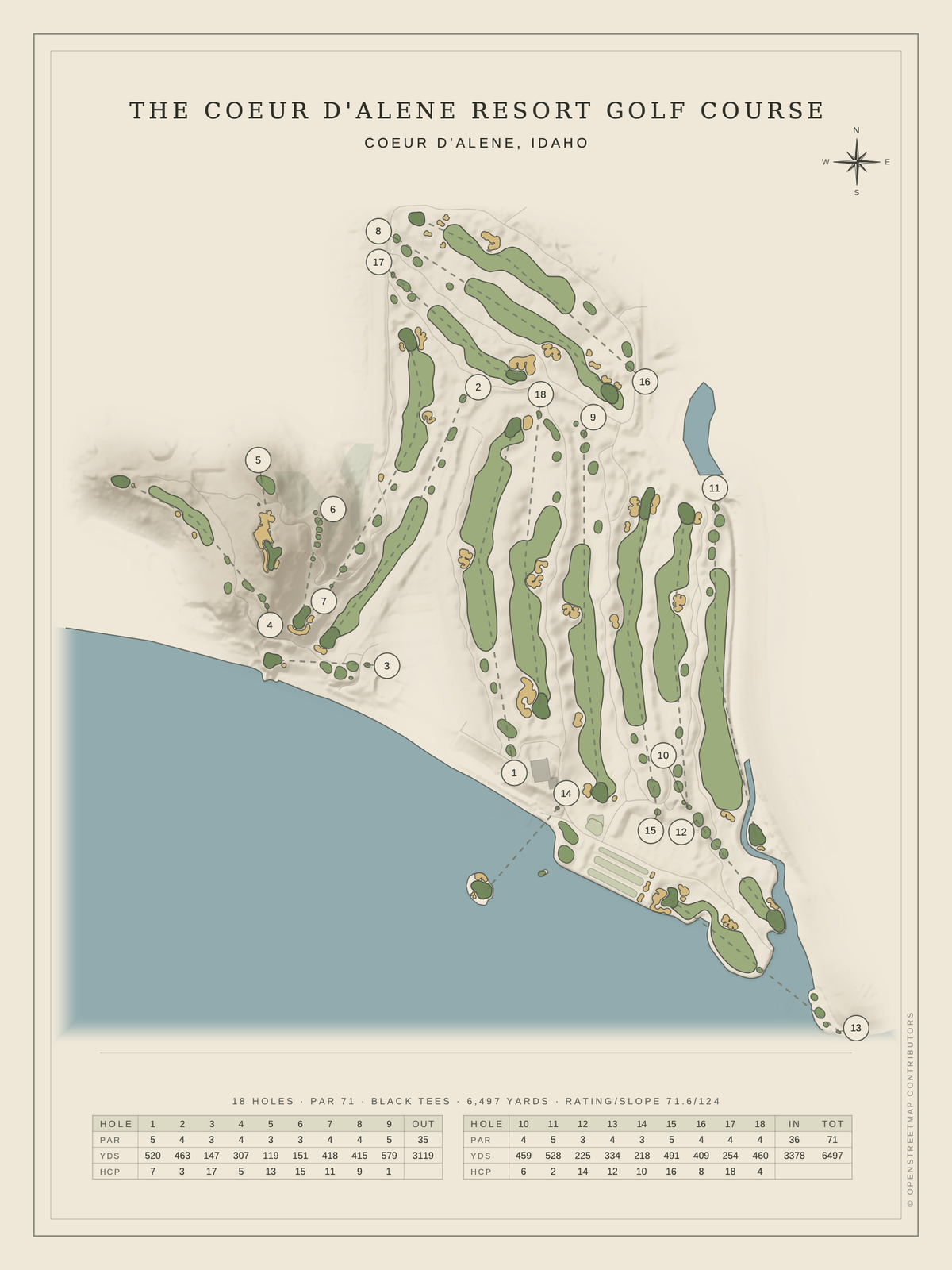 The Coeur d'Alene Resort Golf Course map poster, Classic style, 12×16 / 18×24