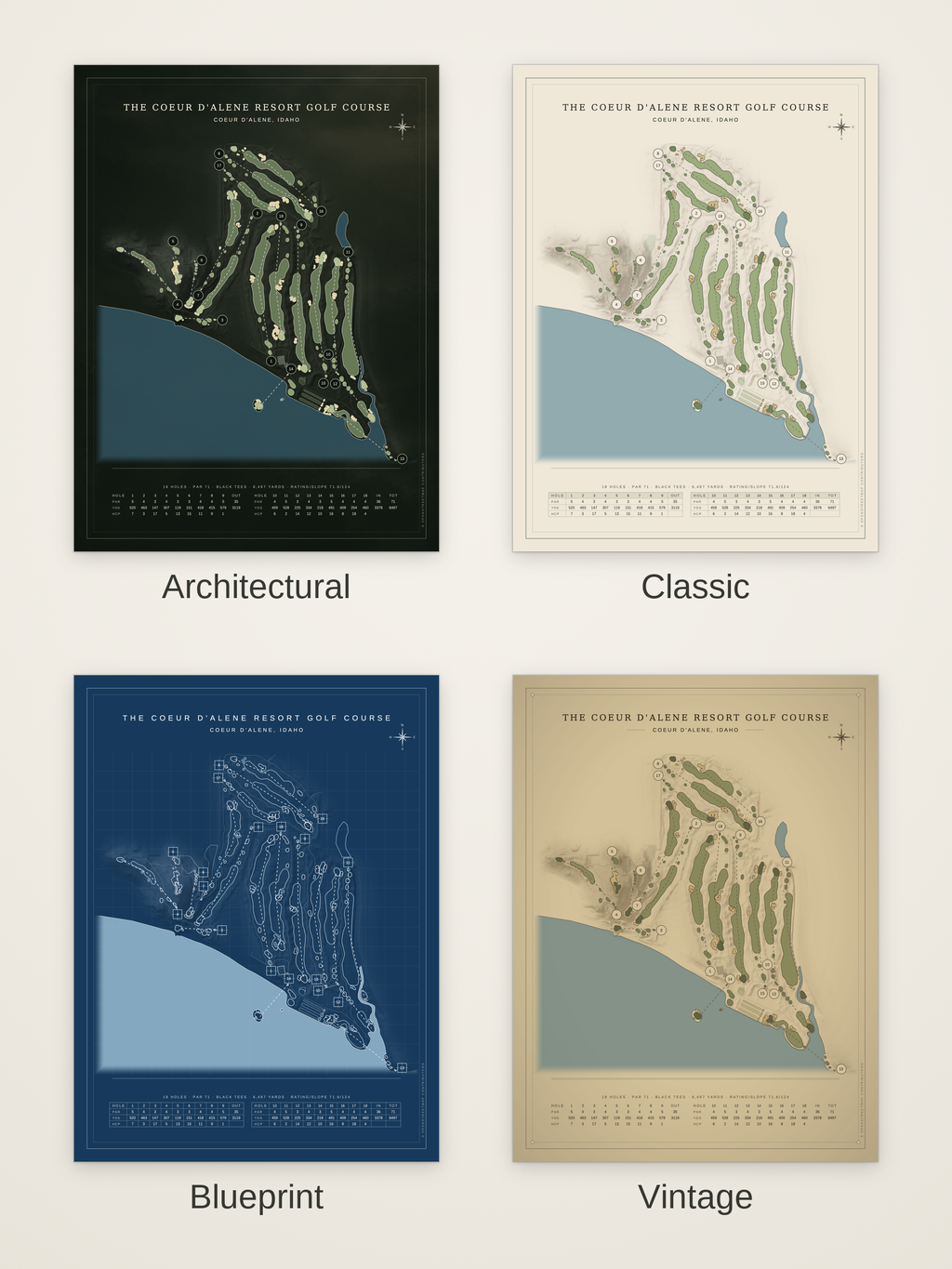 The Coeur d'Alene Resort Golf Course map poster in four styles: Architectural, Classic, Blueprint and Vintage