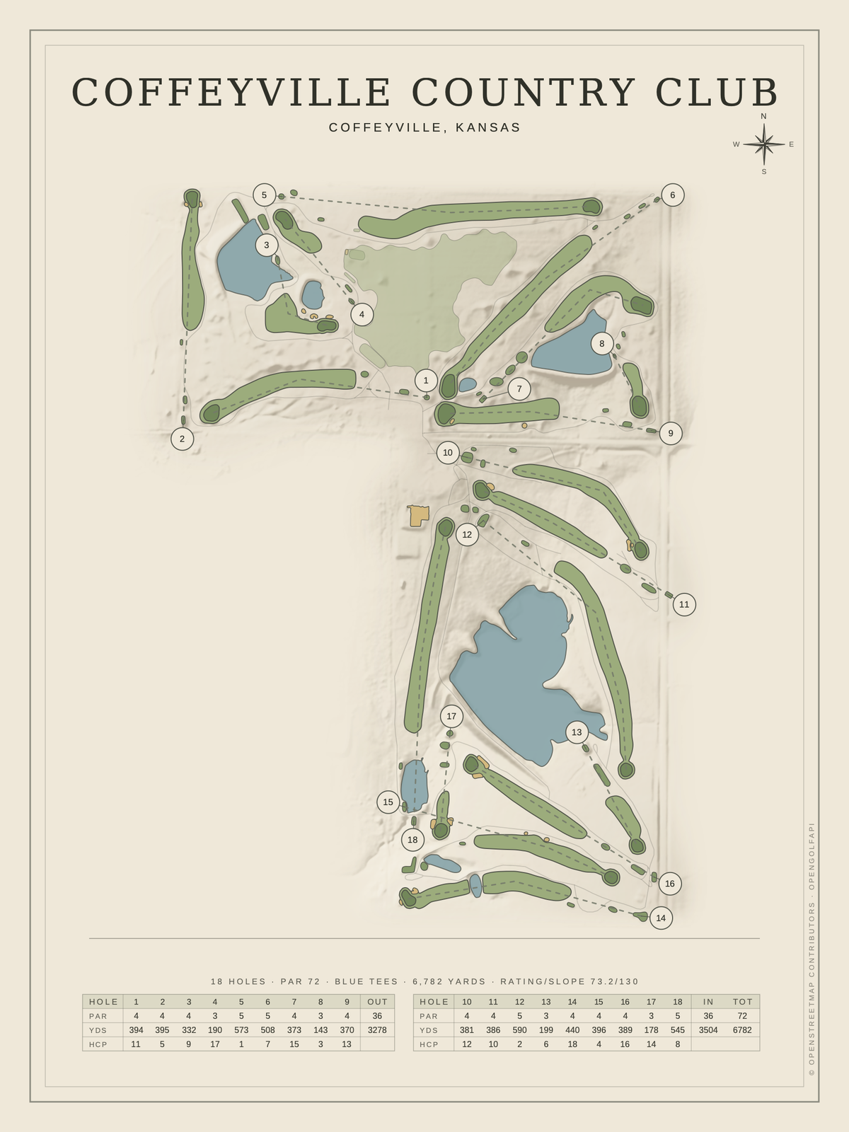 Coffeyville Country Club course map poster, Classic style, 12×16 / 18×24