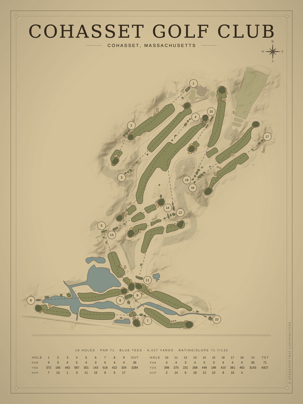 Cohasset Golf Club course map poster, Vintage style, 12×16 / 18×24