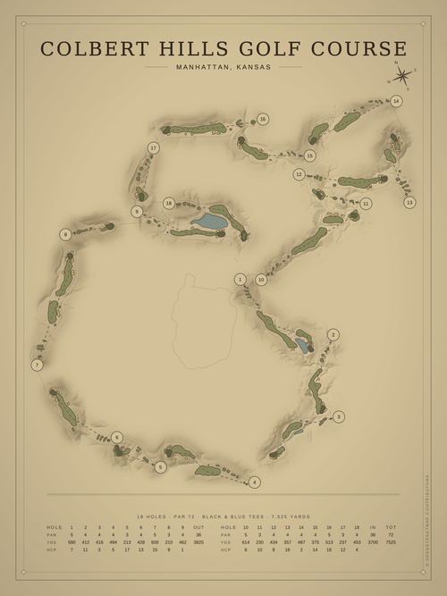 Colbert Hills Golf Course course map poster, Vintage style, 12×16 / 18×24